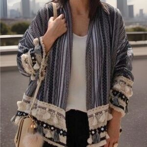 ZARA NAVY BLUE FRINGE-TASSEL BOHO CHIC FOLK AZTEC STYLE KIMONO CARDIGAN Sz m